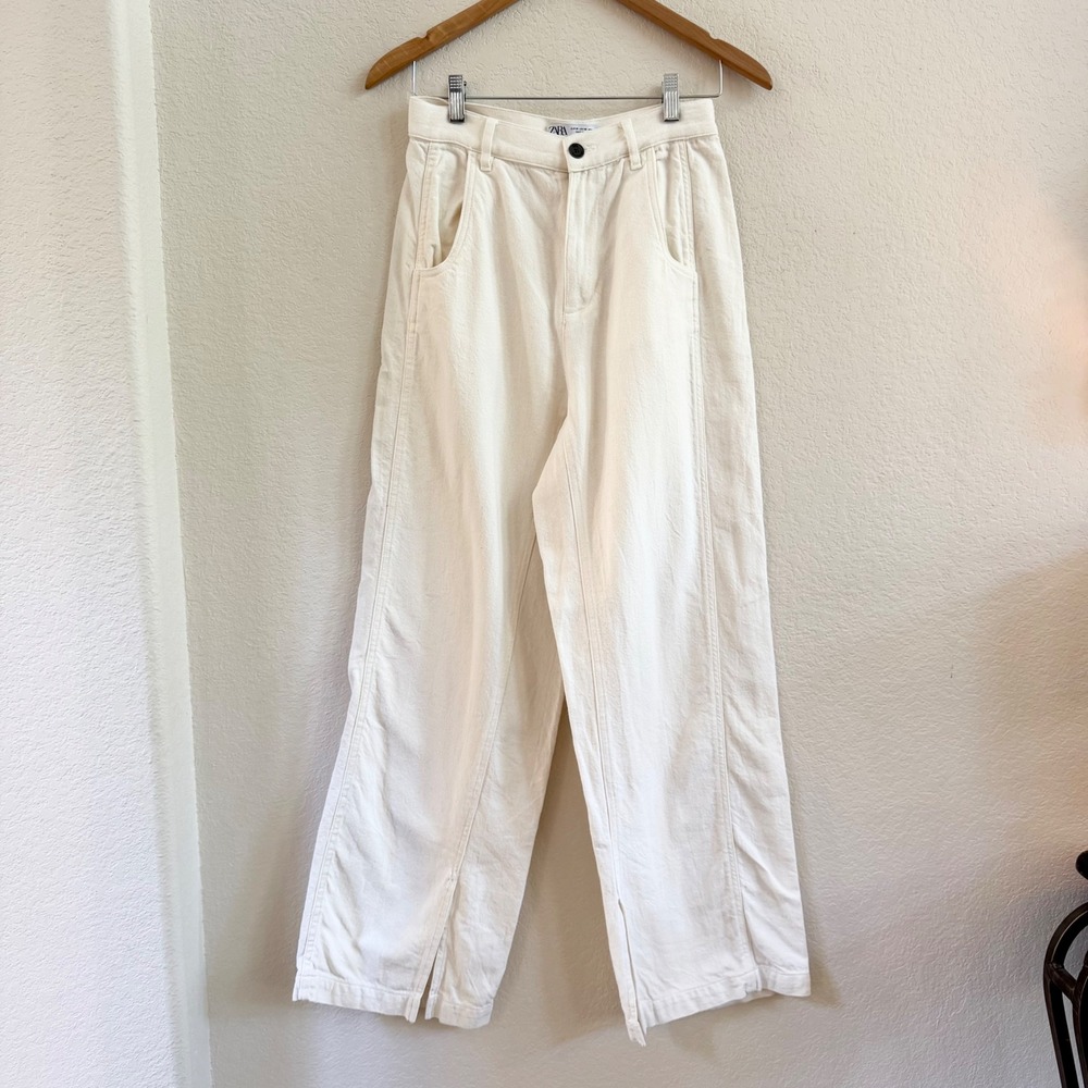 Zara Womens Off White High Waist Wide Leg Pants with Front Slits Size 6 US 38 EU - Picture 2 of 13
